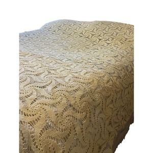 Vtg Hand Crocheted Knitted Ecru Large Beige Farmhouse Style Coverlet 88 x 104